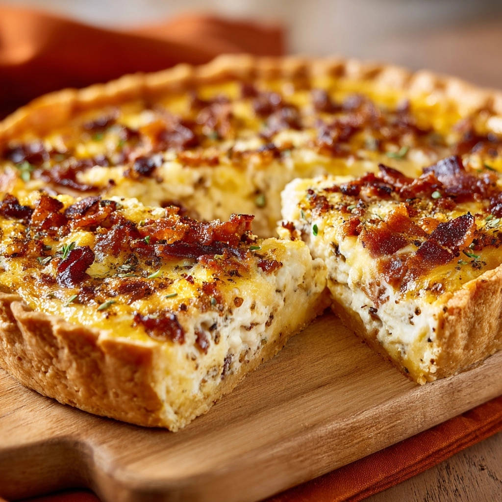 Herzhafte Speck Quiche Mit Krutern Querschnitt 1 Herzhafte Speck-Quiche mit Kräutern: Ein Anschnitt zeigt die cremige Füllung und den knusprigen Boden, perfekt für ein Mittagessen.