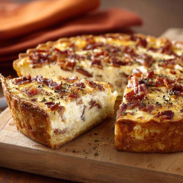 Herzhafte Speck-Quiche mit Kräutern zeigt einen appetitlichen Querschnitt, der die cremige Füllung und den knusprigen Teigboden offenbart.