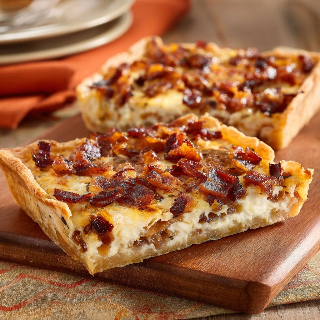 Herzhafte Zwiebel-Speck-Quiche im Querschnitt zeigt die cremige Füllung und den knusprigen Speckbelag. Ein köstliches Detail für den Gaumen.