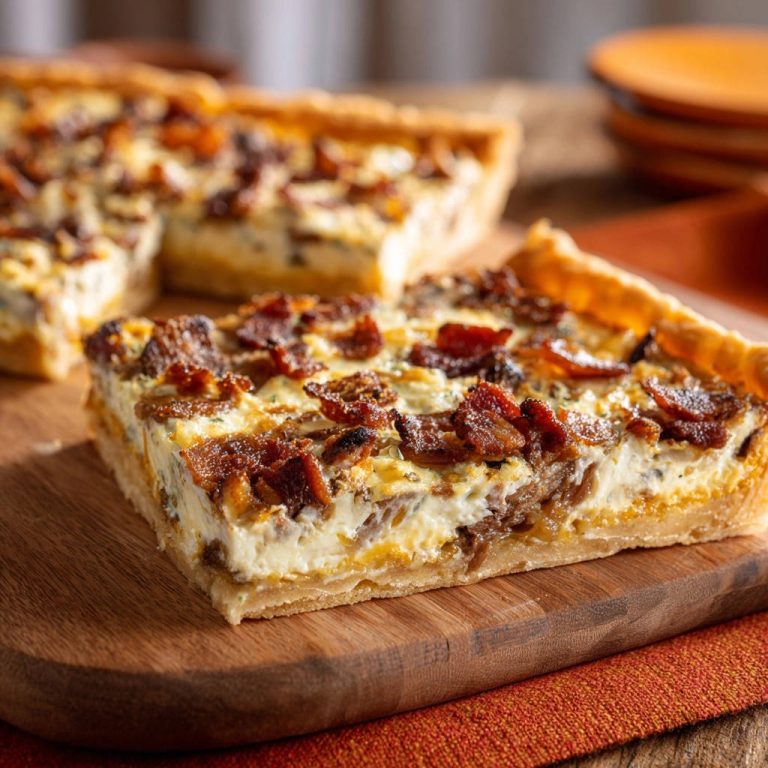Herzhafte Zwiebel-Speck-Quiche im Anschnitt: Eine köstliche Scheibe mit knusprigem Speck und cremiger Füllung auf einem Holzbrett serviert.
