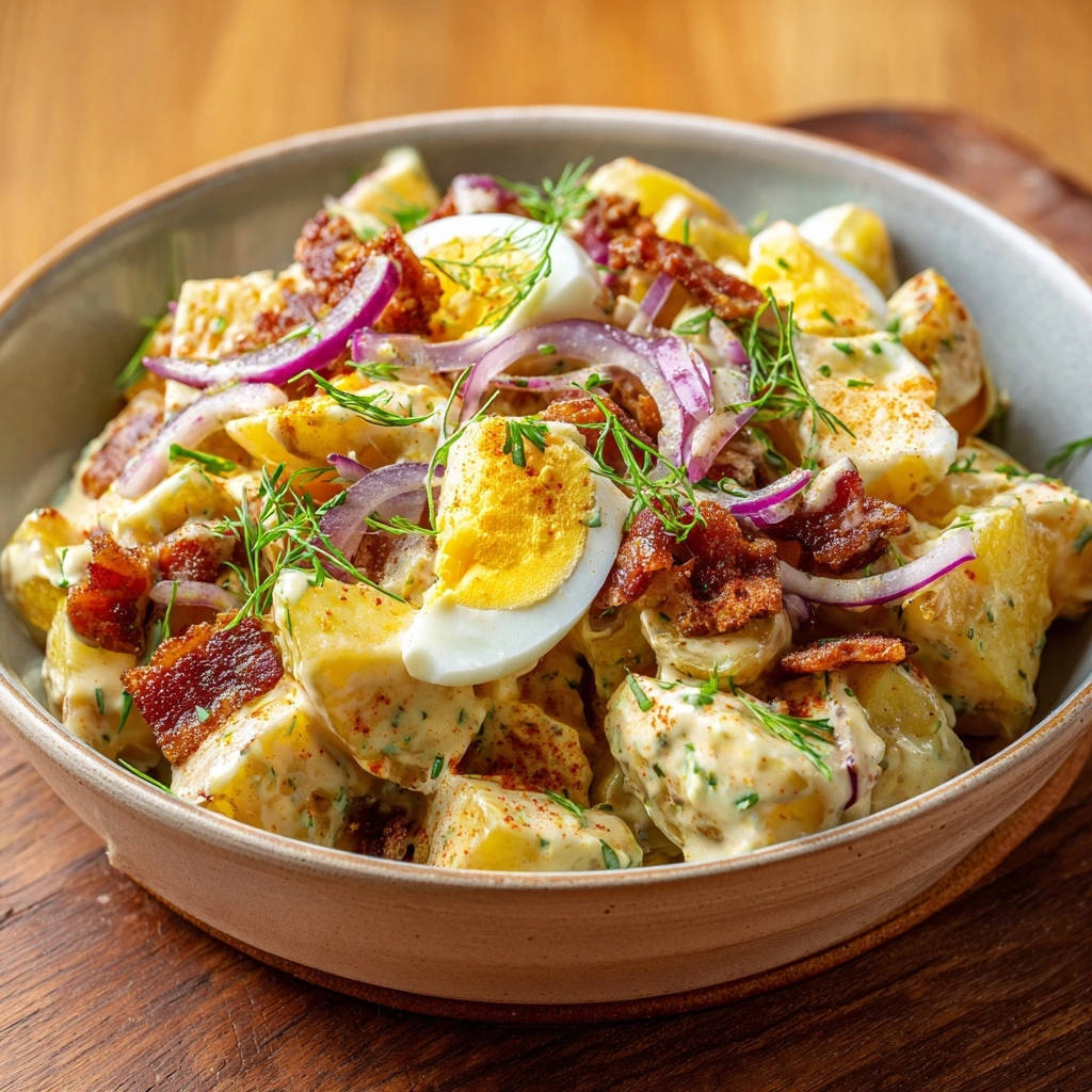 Herzhafter Kartoffelsalat mit Speck und Ei, serviert in einer rustikalen Schüssel, mit knusprigem Speck, roten Zwiebeln und halbierten Eiern.