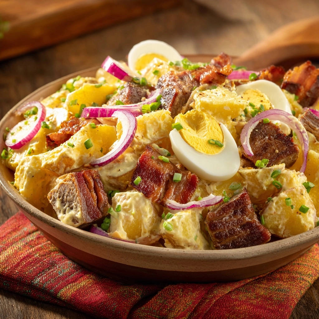Herzhafter Kartoffelsalat mit Speck und Ei in Nahaufnahme, opulent garniert mit roten Zwiebelringen, Speck und Eiern. Ein köstliches Gericht für jeden Anlass.