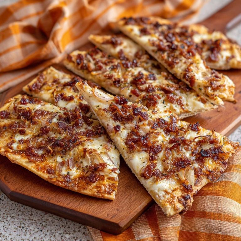 Herzhafter Zwiebel-Speck-Fladen, serviert auf einem Holzbrett, zeigt knusprigen Boden und eine Ansicht der herzhaften Zutaten.