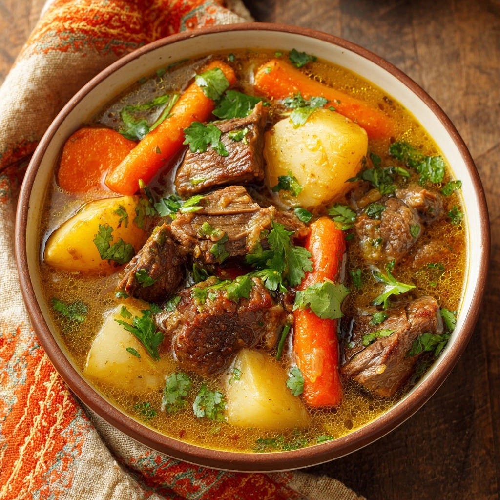 Herzhaftes Rindfleisch Gemuese Ragout Draufsicht 1 Herzhaftes Rindfleisch-Gemüse-Ragout in einer rustikalen Schüssel, garniert mit frischer Petersilie, aus der Vogelperspektive.