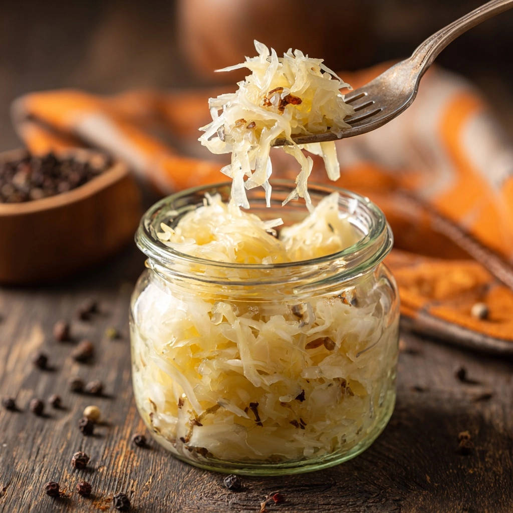 Herzhaftes Sauerkraut mit dem gewissen Etwas in einem Glas, serviert mit einer Gabel, die eine kleine Portion heraushebt.