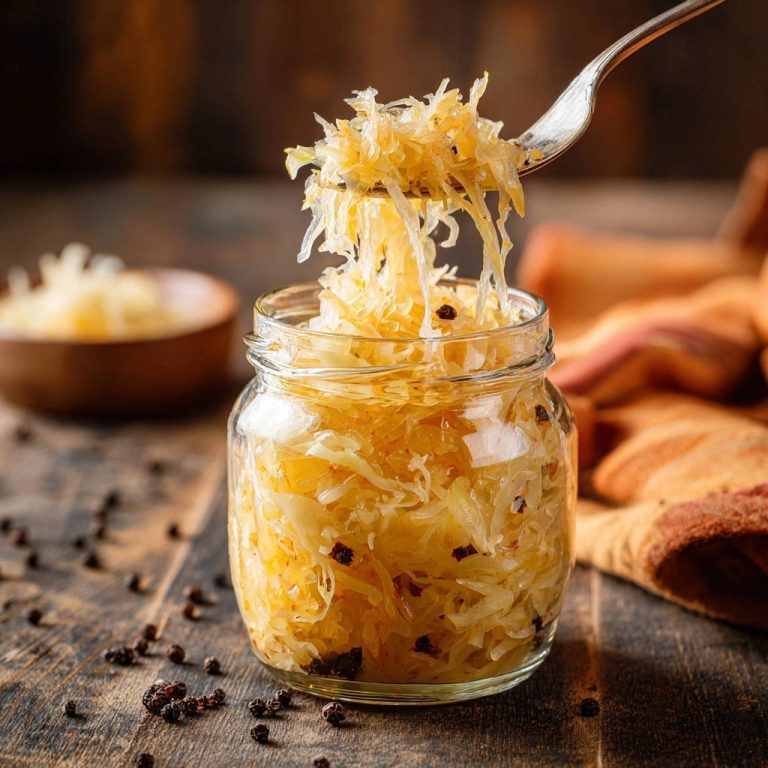 Herzhaftes Sauerkraut mit dem gewissen Etwas in einem Glas, serviert mit einer Gabel. Eine Nahaufnahme zeigt die Textur des Sauerkrauts.