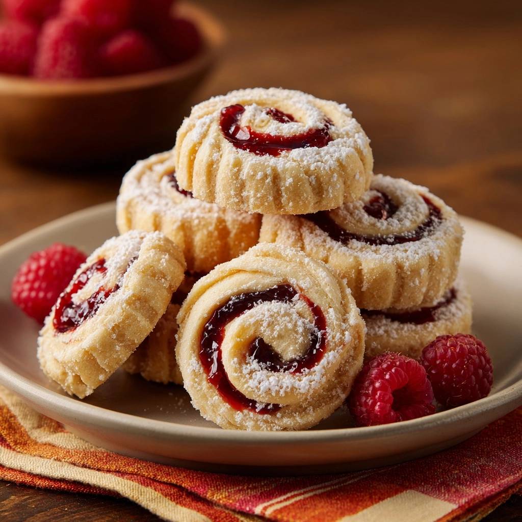 Himbeer Biskuit Schnecken Nahaufnahme Serviert 1 Himbeer-Biskuit-Schnecken in Nahaufnahme, serviert auf einem Teller, mit frischen Himbeeren und Puderzucker bestäubt.