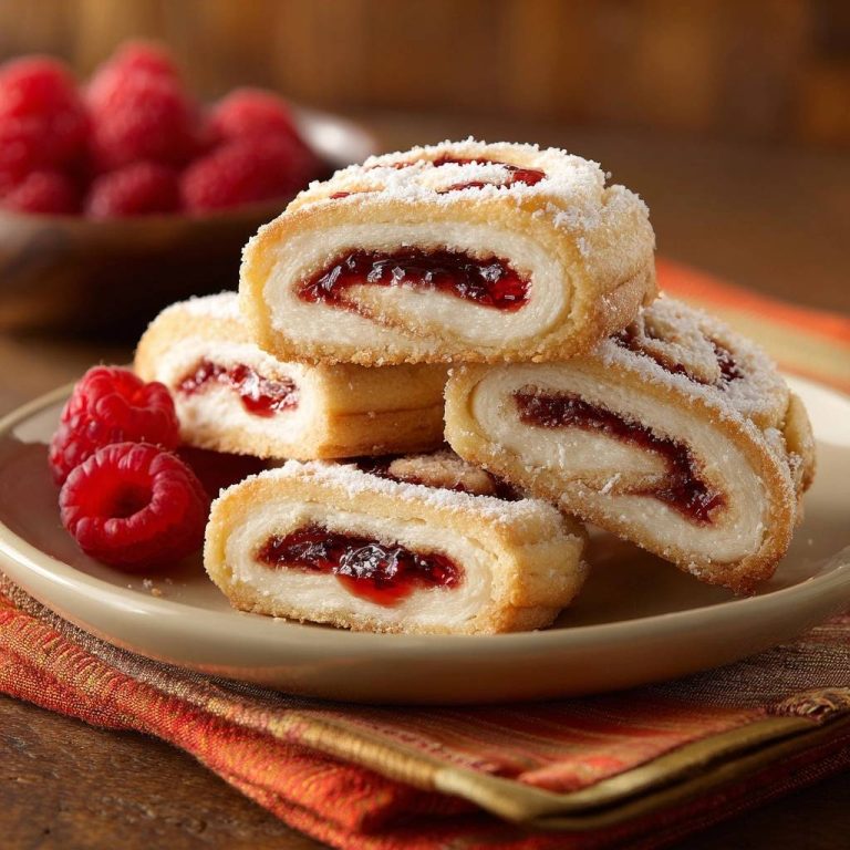 Himbeer-Biskuit-Schnecken im Nahaufnahme-Querschnitt, gefüllt mit fruchtiger Himbeermarmelade und Puderzucker bestäubt, serviert auf einem Teller.