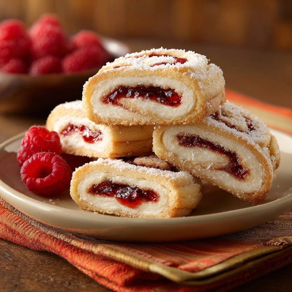 Himbeer-Biskuit-Schnecken im Nahaufnahme-Querschnitt, gefüllt mit fruchtiger Himbeermarmelade und Puderzucker bestäubt, serviert auf einem Teller.