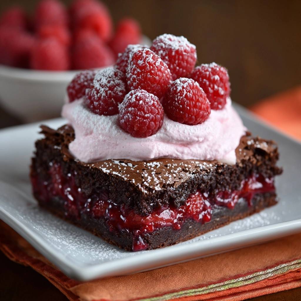 Himbeer-Schoko-Creme-Brownie im Anschnitt, der die saftige Himbeerfüllung und den cremigen Schokoladenteig zeigt, serviert auf einem weißen Teller.