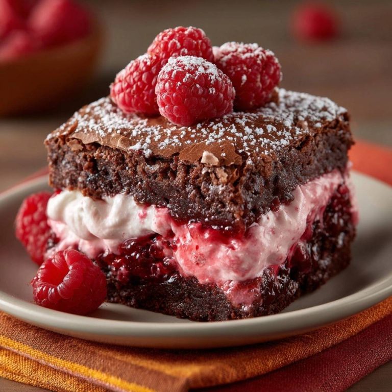Himbeer-Schoko-Creme-Brownie im Anschnitt, der die cremige Schicht aus Himbeeren und Sahne zwischen den Brownie-Schichten zeigt.