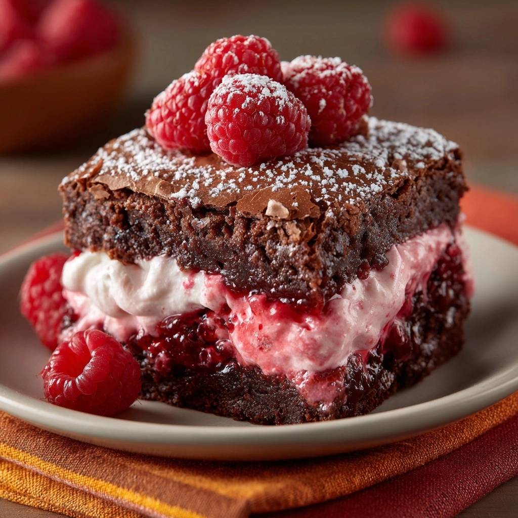 Himbeer-Schoko-Creme-Brownie im Anschnitt, der die cremige Schicht aus Himbeeren und Sahne zwischen den Brownie-Schichten zeigt.