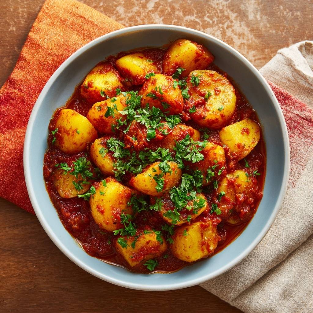 Indisches Kartoffelcurry in einer blauen Schüssel serviert, garniert mit frischer Petersilie, aus der Vogelperspektive betrachtet.