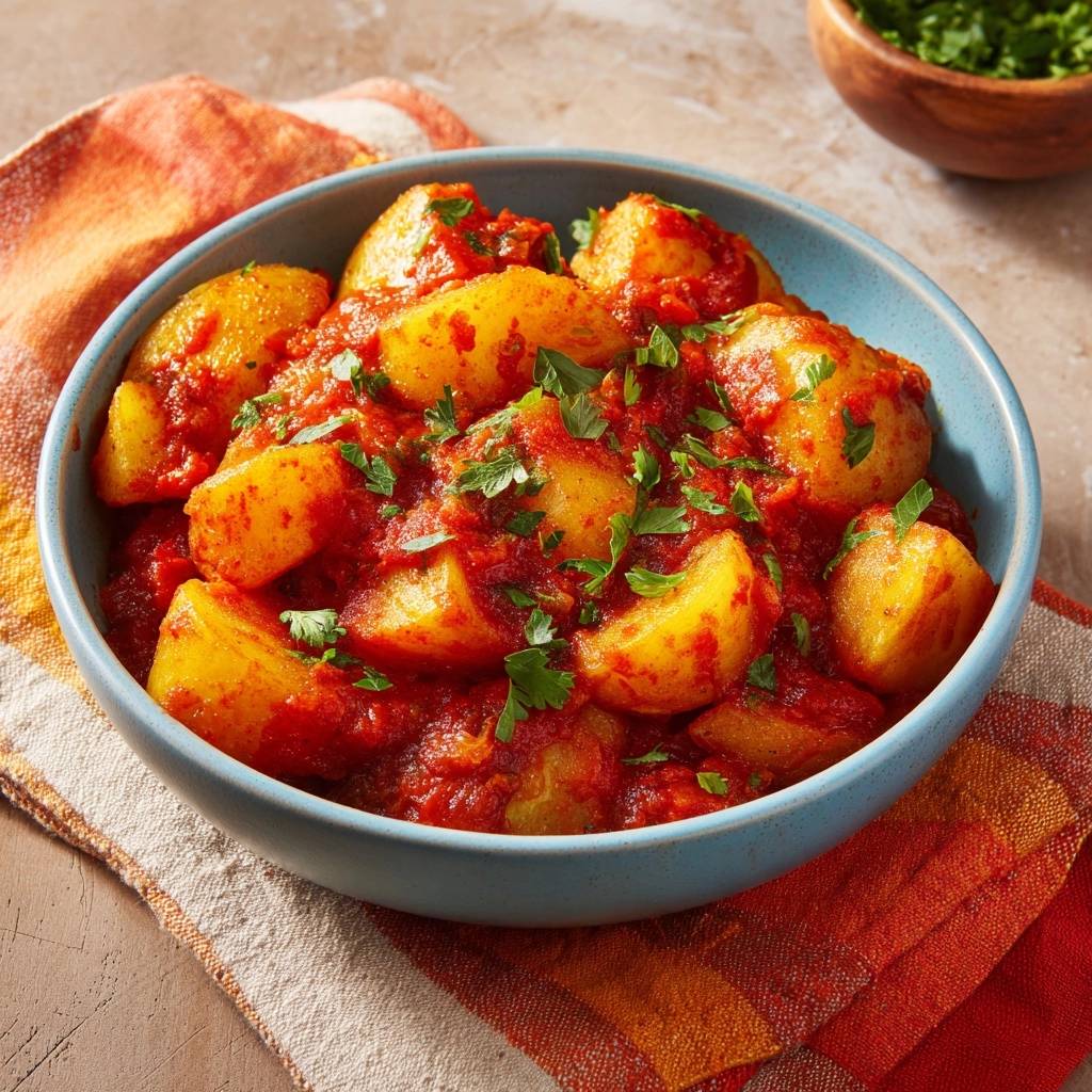 Indisches Kartoffelcurry in einer blauen Schüssel serviert, garniert mit frischer Petersilie und serviert auf einem bunten Küchentuch.