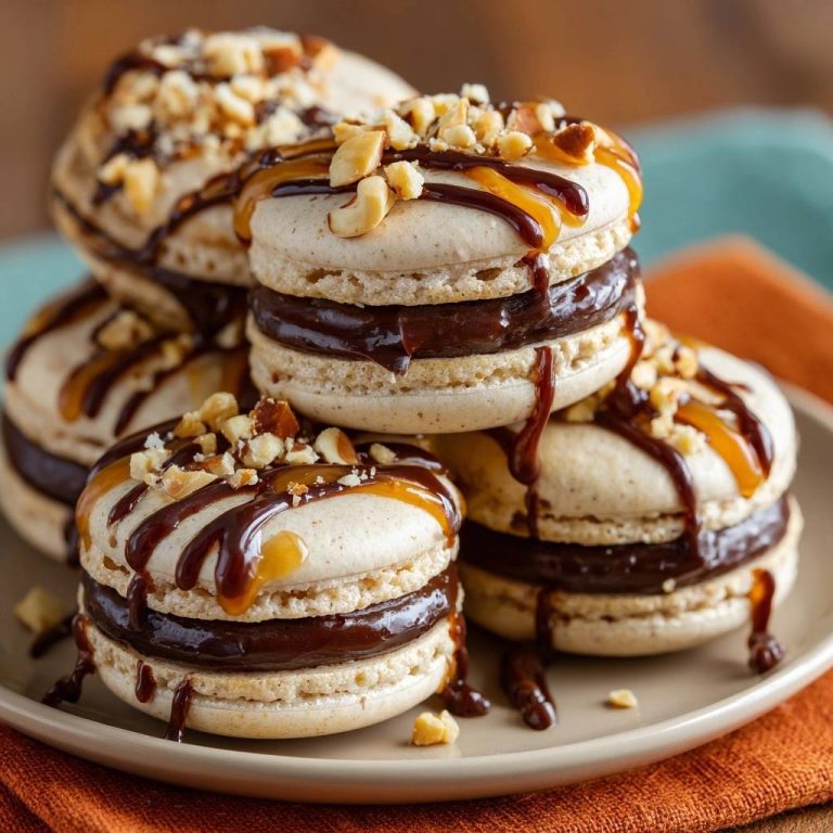 Karamell-Nuss-Macarons in Nahaufnahme serviert, mit geschmolzener Schokolade und Karamellsauce, garniert mit gehackten Nüssen und auf einem Teller gestapelt.