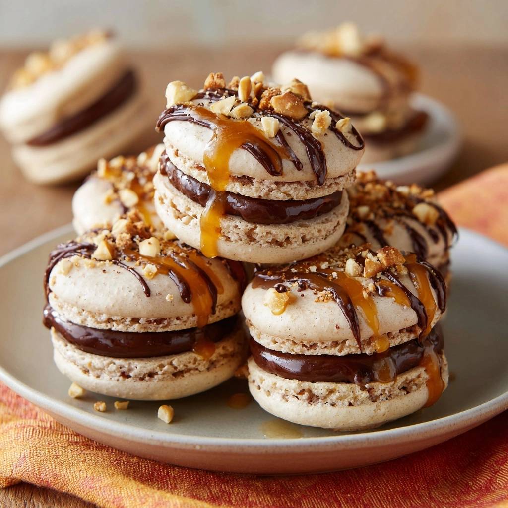 Karamell Nuss Macarons Serviert 1 Karamell-Nuss-Macarons serviert auf einem Teller. Diese leckeren Macarons sind mit Schokoladencreme gefüllt und mit Karamell und Nüssen garniert.