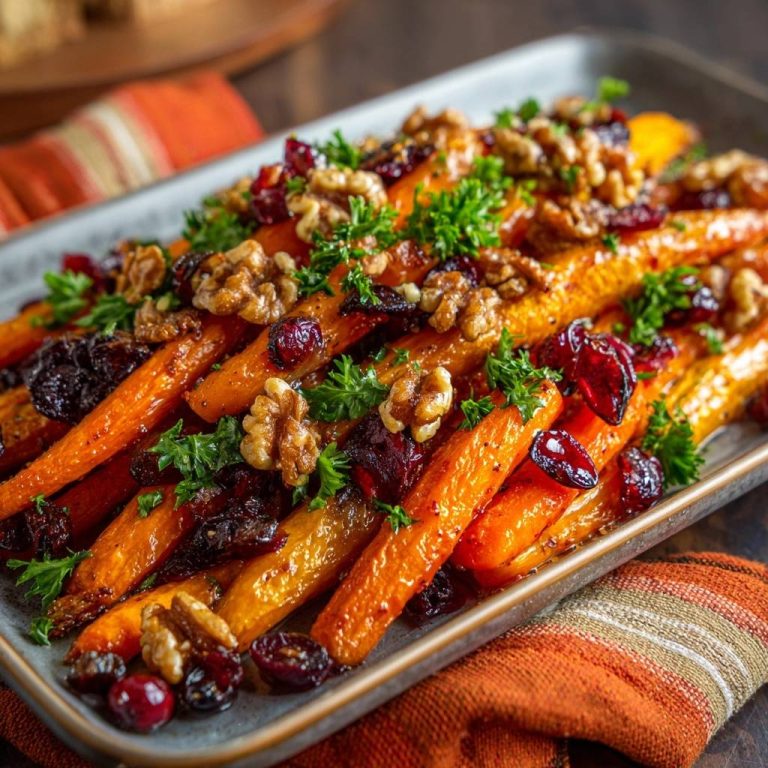 Karamellisierte Möhren mit Walnüssen & Cranberries in der Draufsicht, garniert mit frischer Petersilie und knackigen Walnüssen.