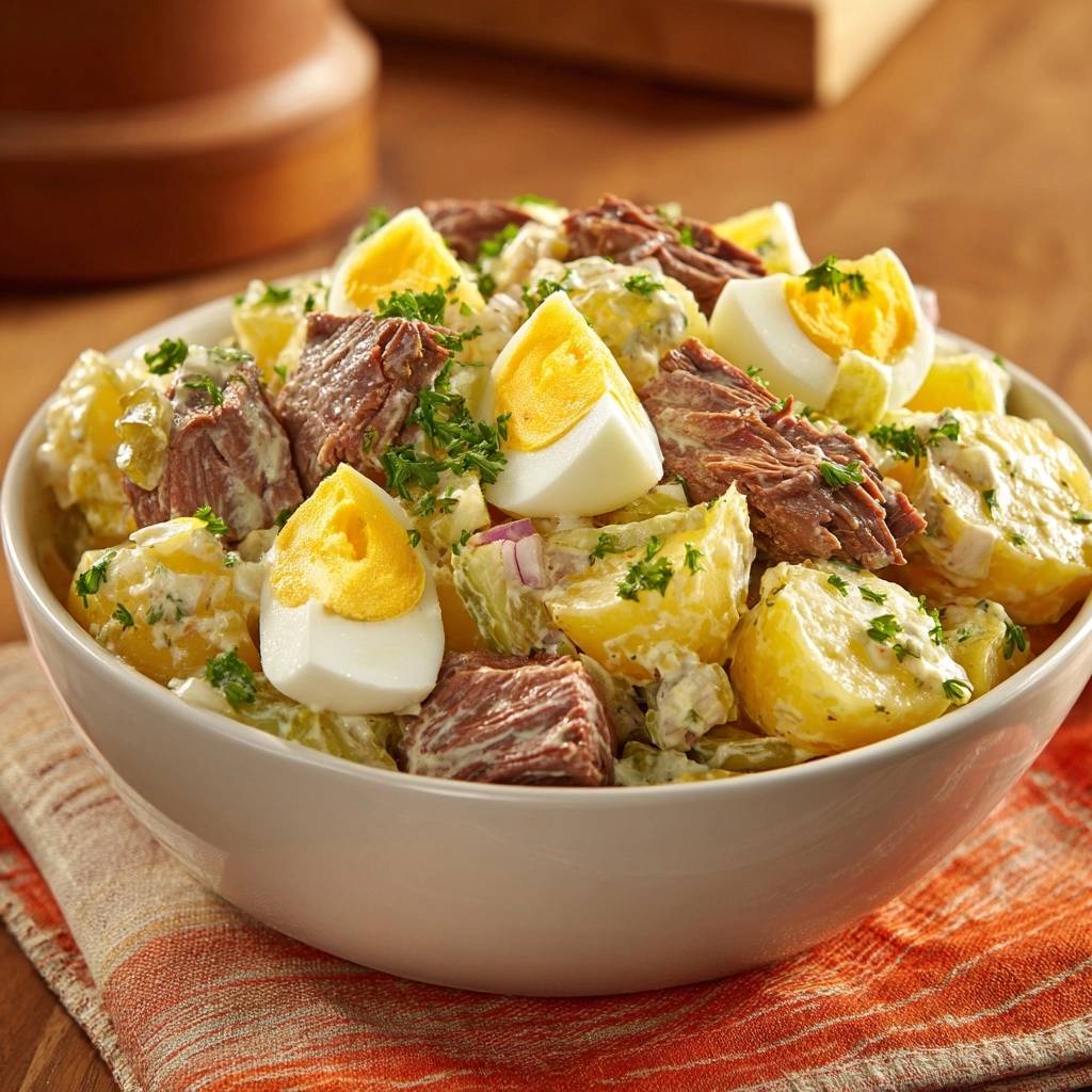 Kartoffelsalat mit Rindfleisch und Ei in einer Nahaufnahme, mit perfekt gekochten Eiern und zarten Fleischstücken garniert.