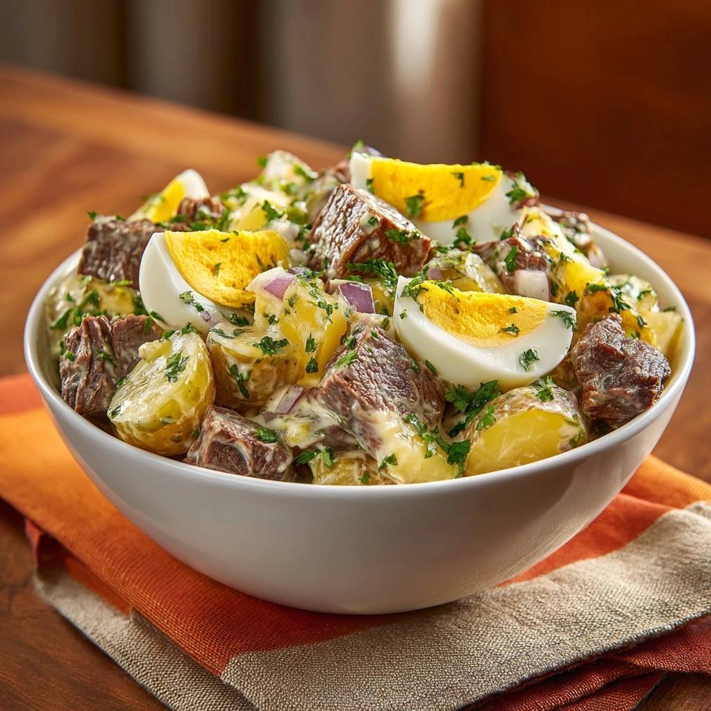 Kartoffelsalat Mit Rindfleisch Und Ei Serviert 1 Kartoffelsalat mit Rindfleisch und Ei serviert in einer weißen Schüssel, garniert mit frischer Petersilie und Eierscheiben.
