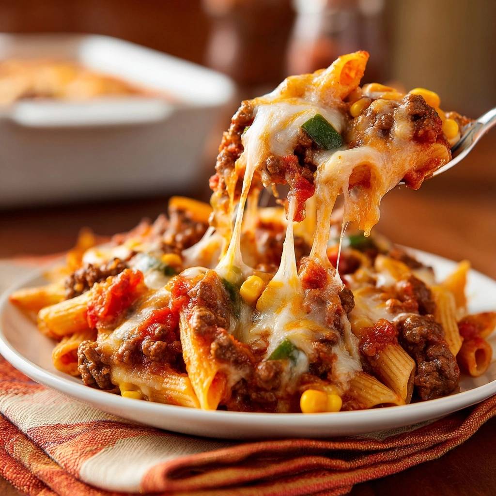 Kase Uberbackene Penne Hack Paprika Mais Auf Gabel 1 Käse überbackene Penne mit Hack, Paprika & Mais, serviert auf einer Gabel, mit geschmolzenem Käse, der sich zieht.