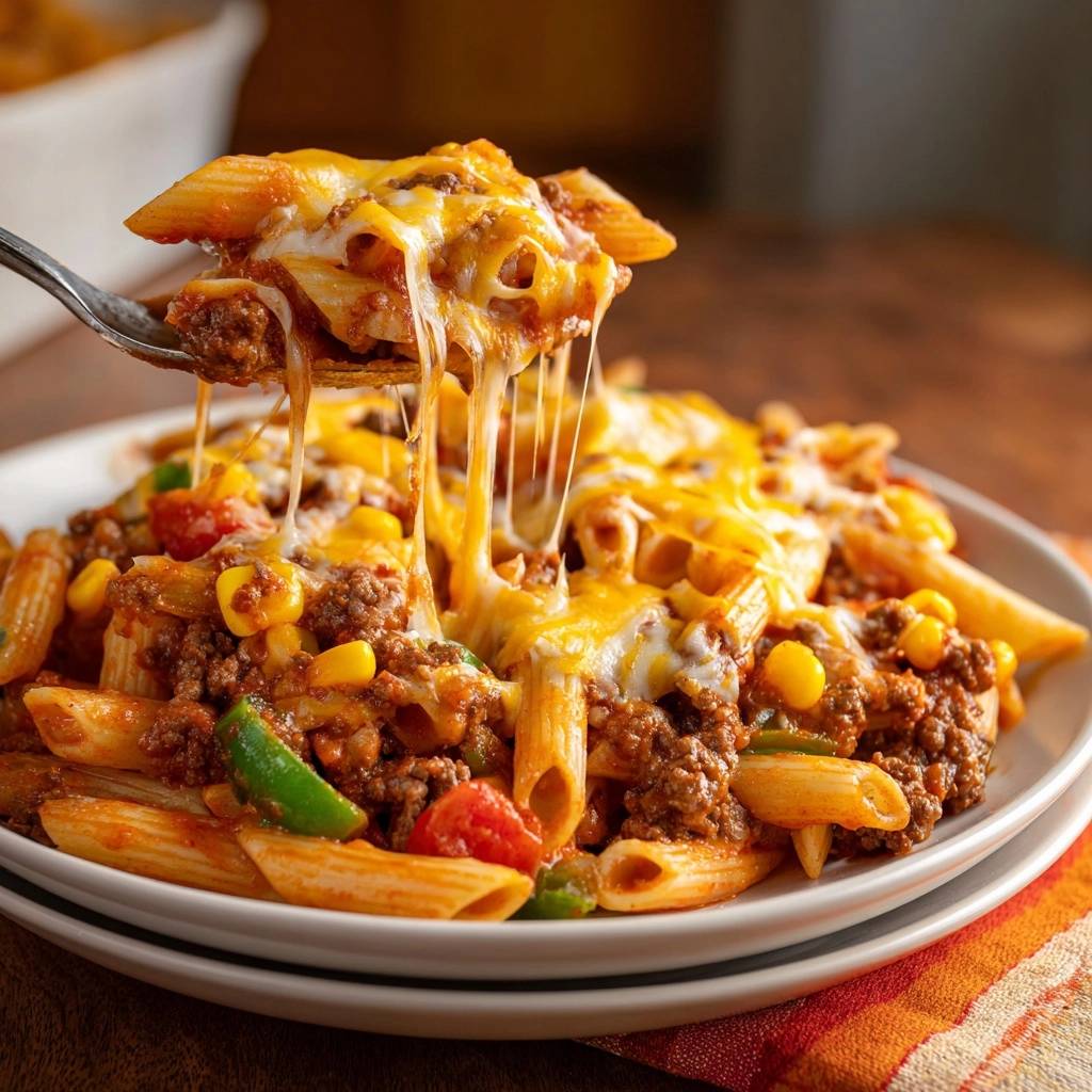 Käse überbackene Penne mit Hack, Paprika & Mais, mit geschmolzenem Käse, der sich von einer Gabel zieht und die Textur zeigt.