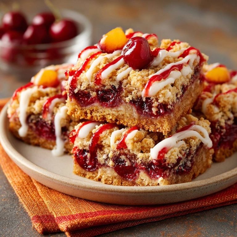 Kirsch-Aprikosen-Streuselkuchen im Nahaufnahme-Querschnitt, der die fruchtige Kirschfüllung und die knusprigen Streusel zeigt.