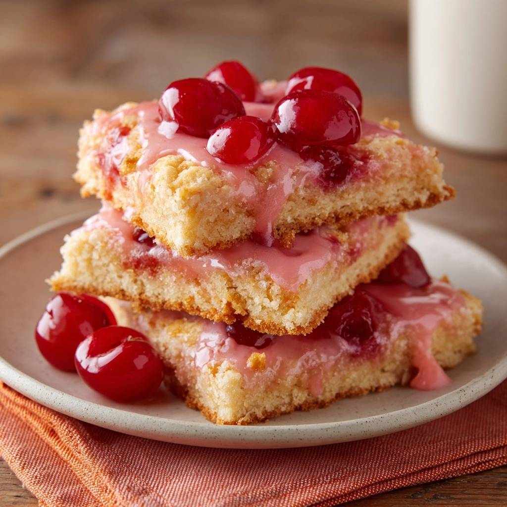 Kirschstreuselschnitten sind gestapelt serviert und mit glänzenden Kirschen garniert, die auf rosafarbenem Zuckerguss liegen. Ein köstlicher Blechkuchen.
