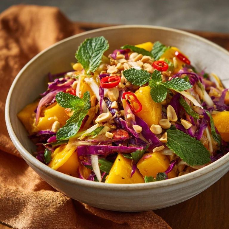 Knackiger Mango-Krautsalat in einer Schüssel serviert, garniert mit frischer Minze, Erdnüssen und Chili-Ringen. Ein erfrischender Salat für warme Tage.