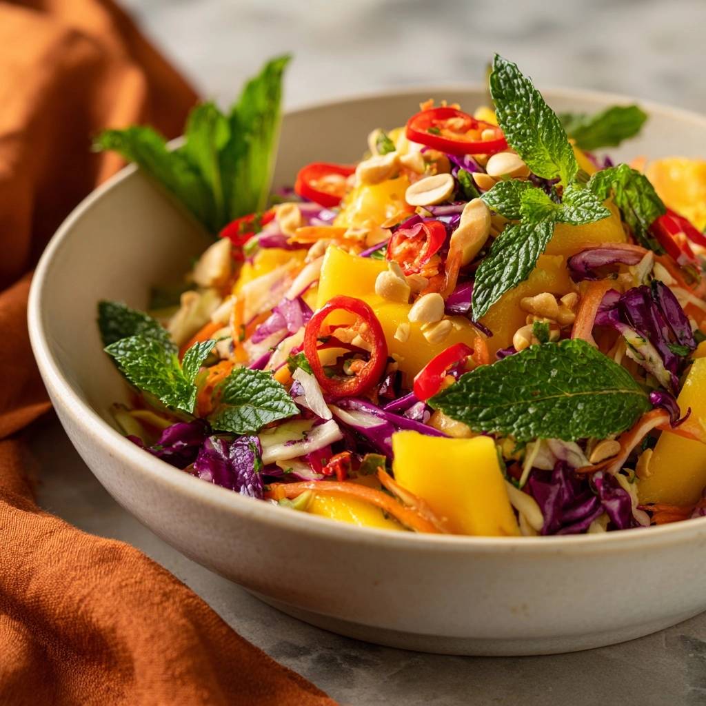 Knackiger Mango Krautsalat Serviert 1 Knackiger Mango-Krautsalat in einer Schüssel serviert, garniert mit frischer Minze, Erdnüssen und Chili-Ringen.