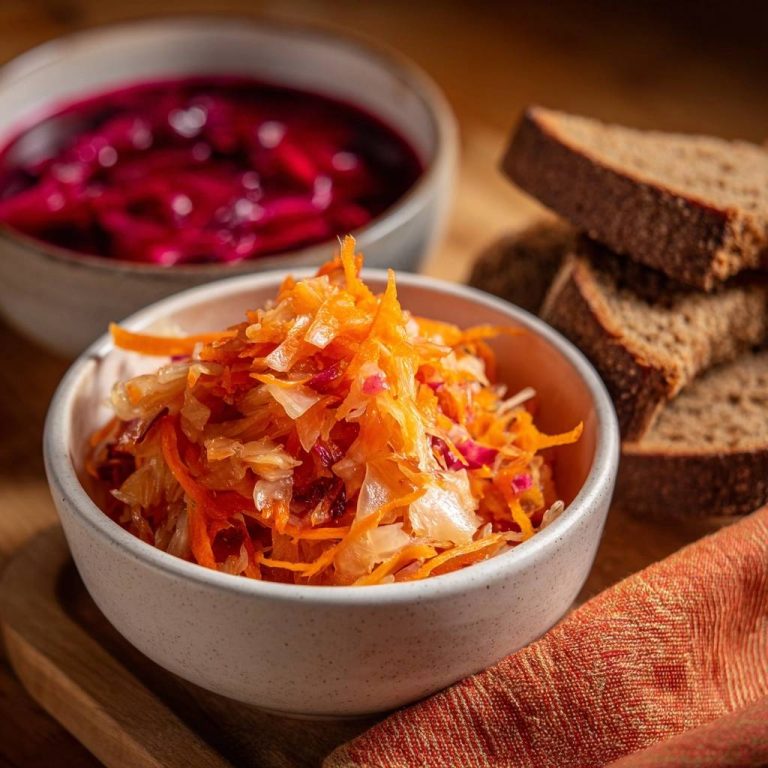 Knackiger Rote-Bete-Krautsalat in einer Schüssel serviert, mit frischem Brot und einer Schüssel Rote-Bete-Suppe im Hintergrund.