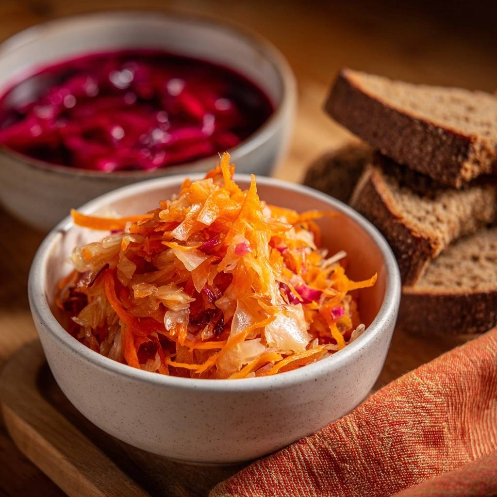 Knackiger Rote-Bete-Krautsalat in einer Schüssel serviert, mit frischem Brot und einer Schüssel Rote-Bete-Suppe im Hintergrund.