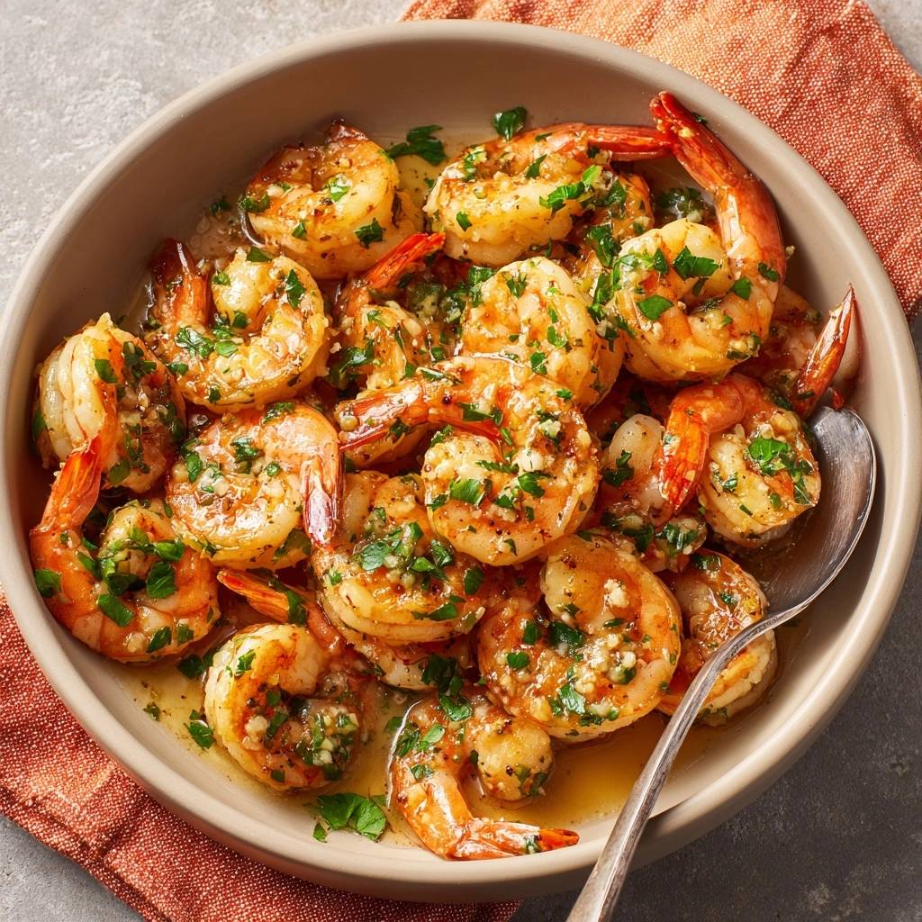 Knoblauch-Garnelen in einer Schüssel, nah aufgenommen mit Petersilie bestreut und in einer reichhaltigen Sauce serviert.