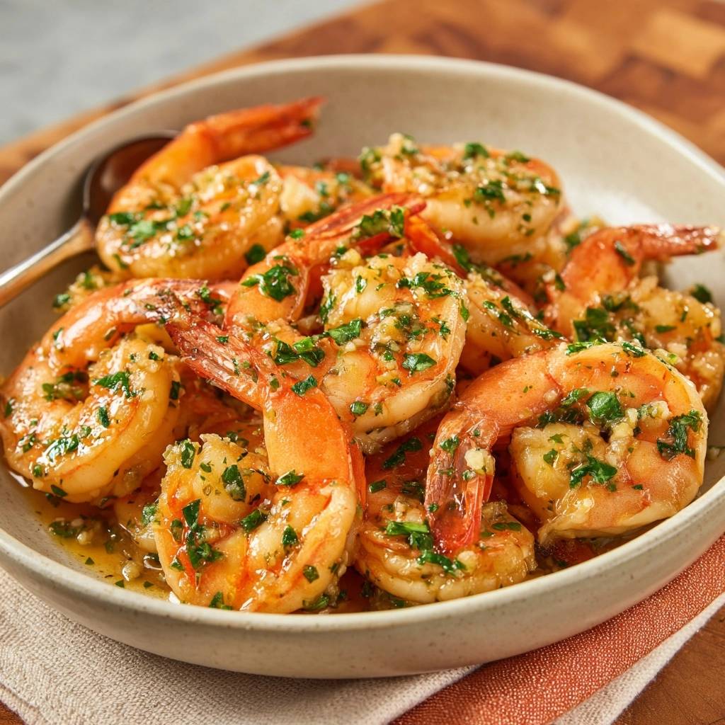 Knoblauch-Garnelen als Nahaufnahme mit frischen Kräutern und Knoblauchstücken in einer Schüssel serviert.