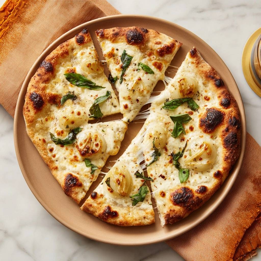 Knoblauch-Mozzarella-Pizza, frisch gebacken und angeschnitten, mit geschmolzenem Käse und frischem Basilikum auf einem Teller serviert.