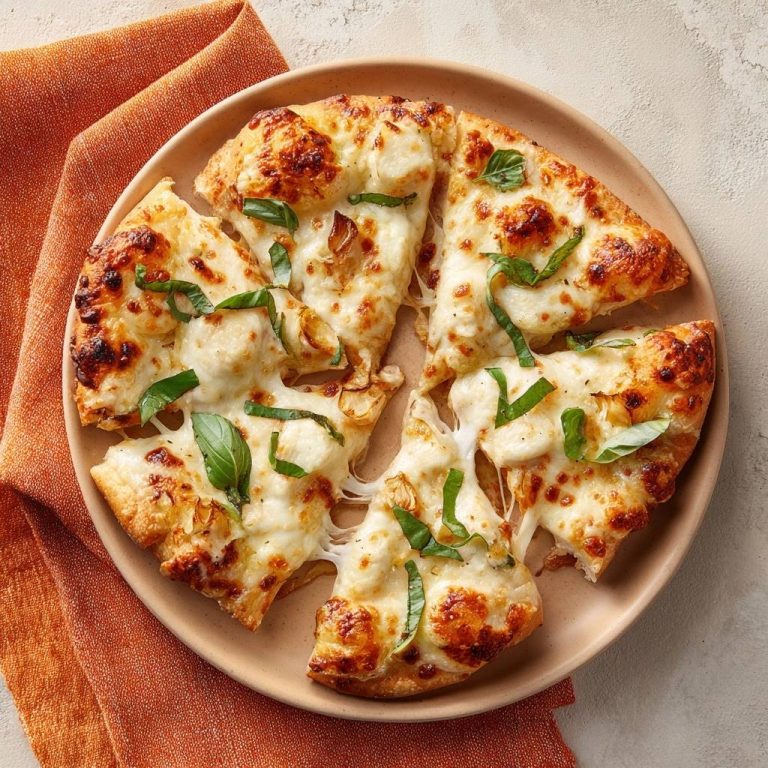 Knoblauch-Mozzarella-Pizza, angeschnitten auf einem Teller mit frischem Basilikum und geschmolzenem Käse.