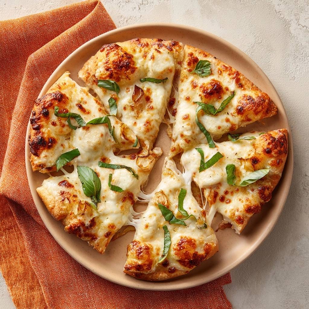 Knoblauch-Mozzarella-Pizza, angeschnitten auf einem Teller mit frischem Basilikum und geschmolzenem Käse.