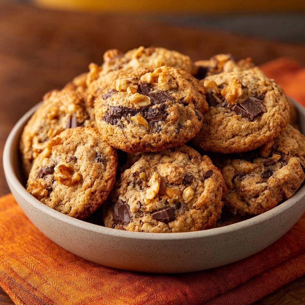 Knusprig-weiche Walnuss-Schoko-Cookies in einer Schüssel aus nächster Nähe betrachtet. Die Cookies sind mit Walnüssen und Schokoladenstücken garniert.