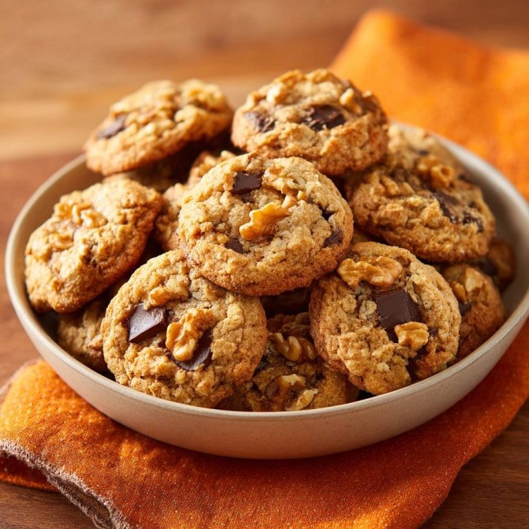 Knusprig-weiche Walnuss-Schoko-Cookies in einer Schüssel, Nahaufnahme der Textur mit Schokoladenstücken und Walnüssen.