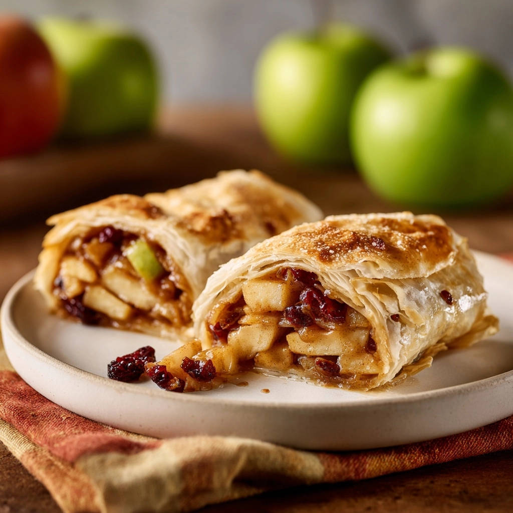 Knusprige Apfelstrudel Taschen Querschnitt 1 Knusprige Apfelstrudel-Taschen mit saftiger Apfel-Zimt-Füllung: Nahaufnahme des Anschnitts, der das Innere zeigt.