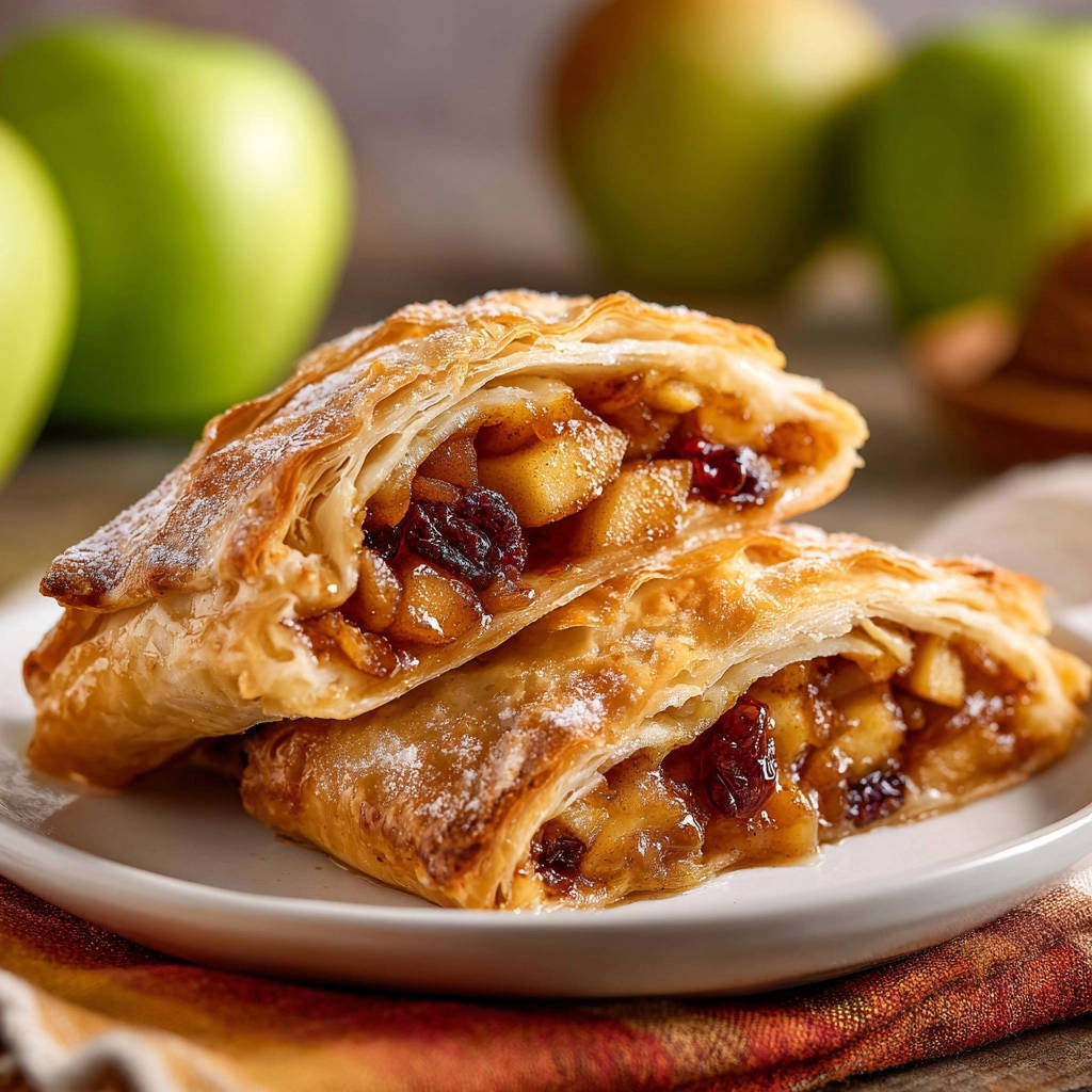 Knusprige Apfelstrudel-Taschen zeigen einen köstlichen Querschnitt mit goldbraunem, knusprigem Gebäck und einer fruchtigen Apfelfüllung.