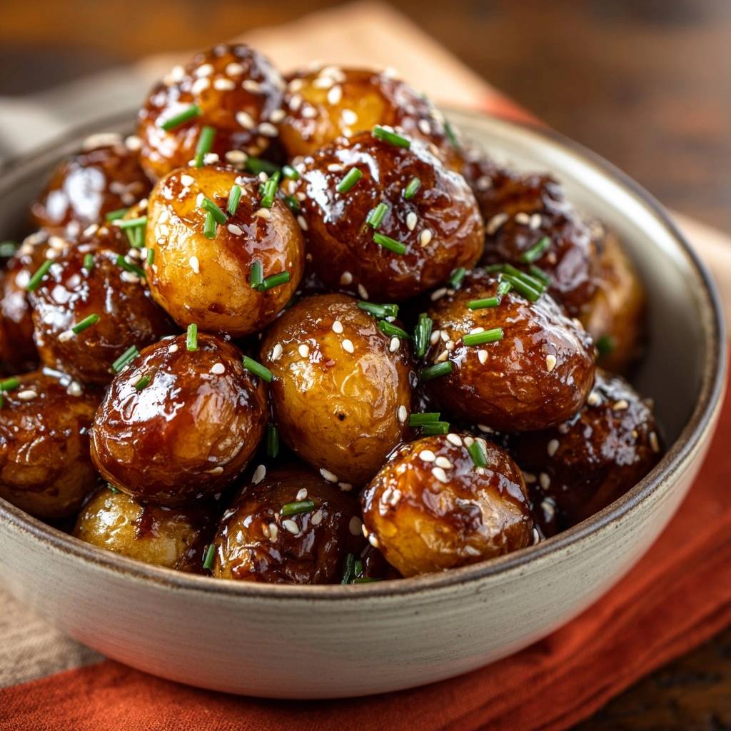 Knusprige Babykartoffeln in Teriyaki-Glasur in einer Schüssel, garniert mit Sesam und frischen Kräutern, in Nahaufnahme fotografiert.