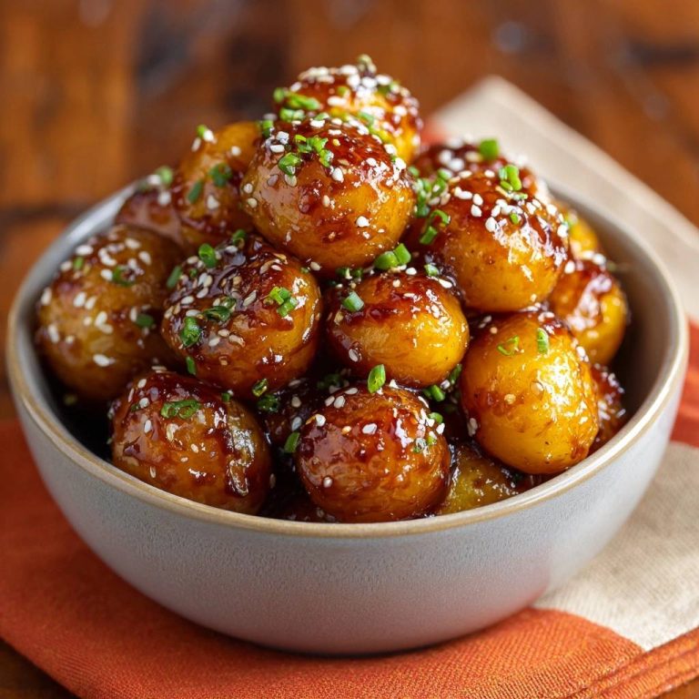 Knusprige Babykartoffeln in Teriyaki-Glasur in einer Nahaufnahme, die die glänzende Glasur und die Sesamkörner zeigt. Das Gericht ist in einer Schüssel angerichtet.