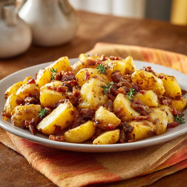 Knusprige Bratkartoffeln mit würzigem Bacon, serviert auf einem Teller, mit frischen Kräutern garniert und appetitlich angerichtet.