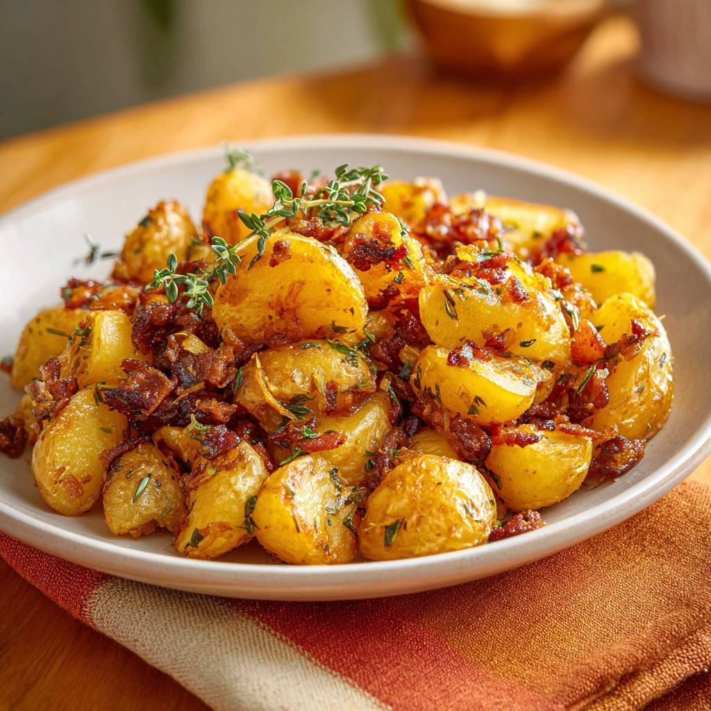 Knusprige Bratkartoffeln Mit Bacon Von Oben 1 Knusprige Bratkartoffeln mit würzigem Bacon, serviert auf einem Teller, mit frischen Kräutern dekoriert, von oben betrachtet.