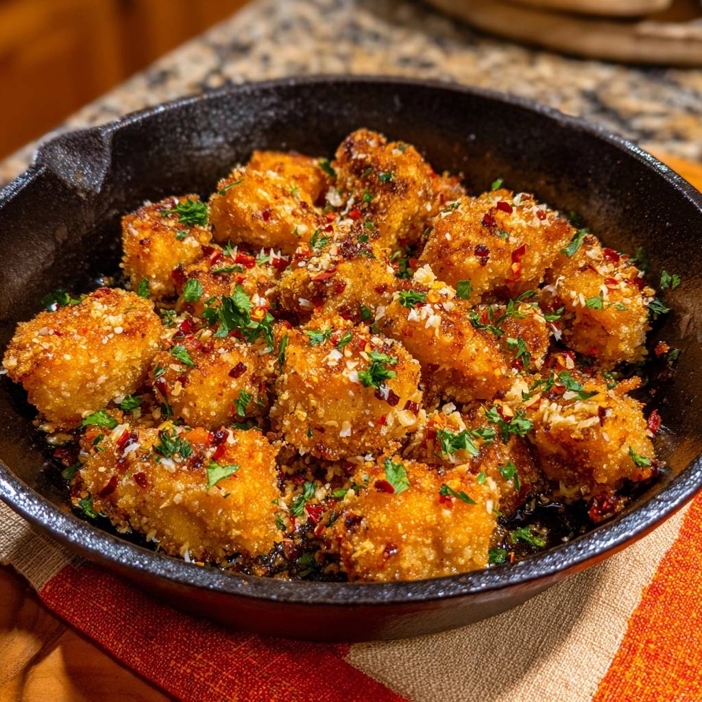 Knusprige Chili-Tofu-Würfel werden in einer gusseisernen Pfanne serviert, garniert mit frischer Petersilie und Chili-Flocken.