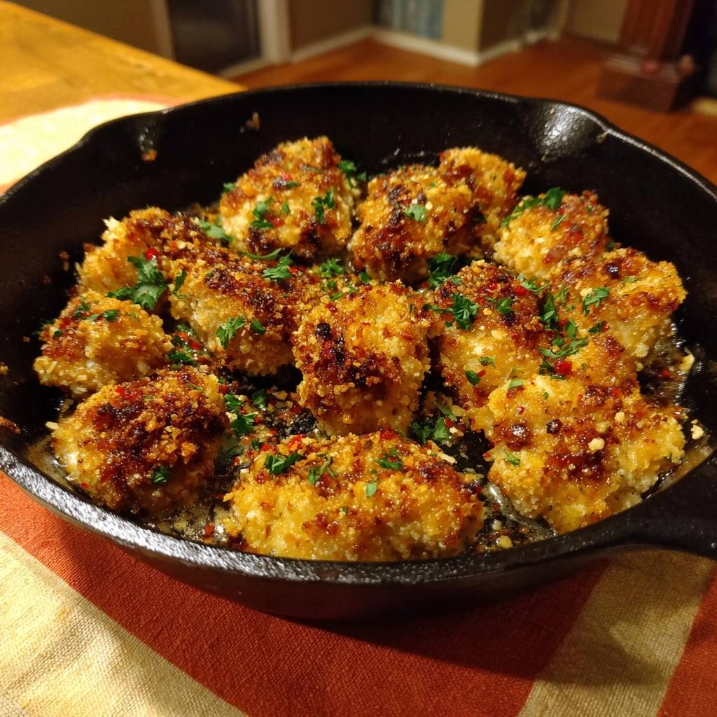 Knusprige Chili-Tofu-Würfel in einer Gusspfanne. Diese Nahaufnahme zeigt die goldbraune Kruste und die frische Petersilie.