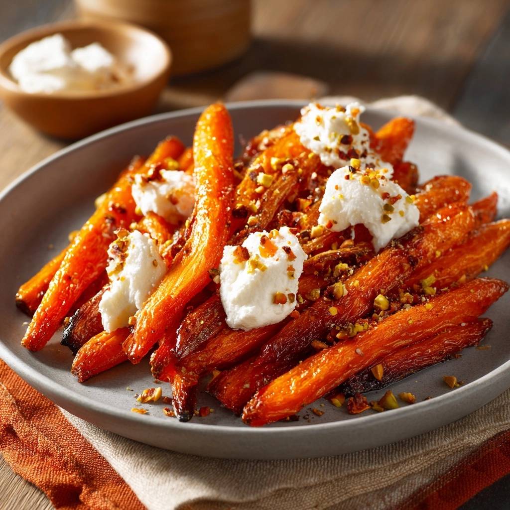 Knusprige Glasierte Karottensticks Mit Pistazien Joghurt Dra 1 Knusprige glasierte Karottensticks mit Pistazien-Joghurt, serviert auf einem grauen Teller, mit frischen Joghurt-Kleksen und gehackten Pistazien garniert.