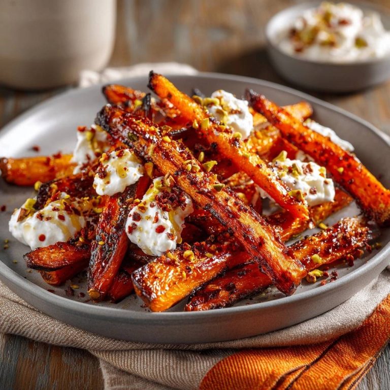 Knusprige glasierte Karottensticks mit Pistazien-Joghurt in einer Nahaufnahme von oben serviert, mit cremigen Joghurt-Tupfern und Pistazien garniert.