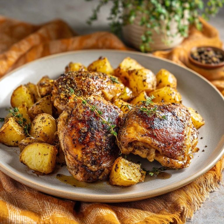 Knusprige Hähnchenschenkel mit Thymiankartoffeln serviert, garniert mit frischem Thymian auf einem Teller, bereit zum Genießen.