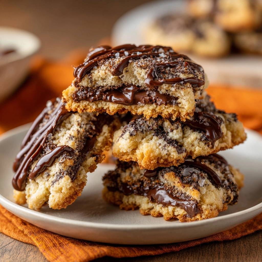 Knusprige Haselnuss-Schoko-Cookies zeigen hier ihre Schokoladenfüllung und das knusprige Gebäck in einem appetitlichen Querschnitt. Die Kekse sind mit Meersalz bestreut.